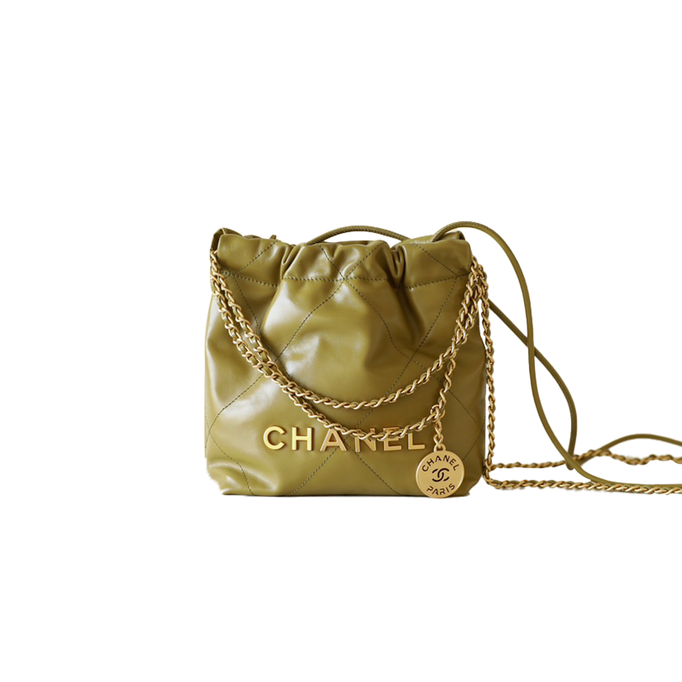 CHANEL MASTER 22 MINI BAG OLIVE SHINY CRUMPLED CALFSKIN AGED GOLD HARDWARE AS3980 (20*19*6cm)